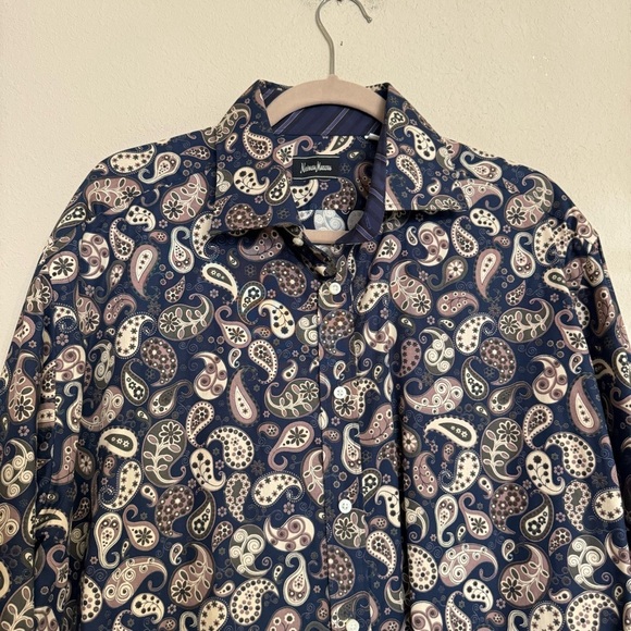 Neiman Marcus Shirt Size XXL Blue Tan Paisley Contrast Cuff Long Sleeve - Picture 4 of 16